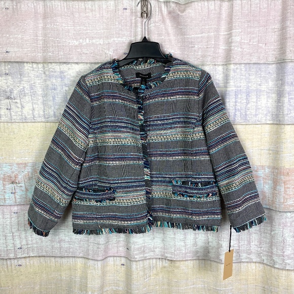 Halogen Jackets & Blazers - HALOGEN RAW EDGE Tweed Jacket Blue Navy Fringe